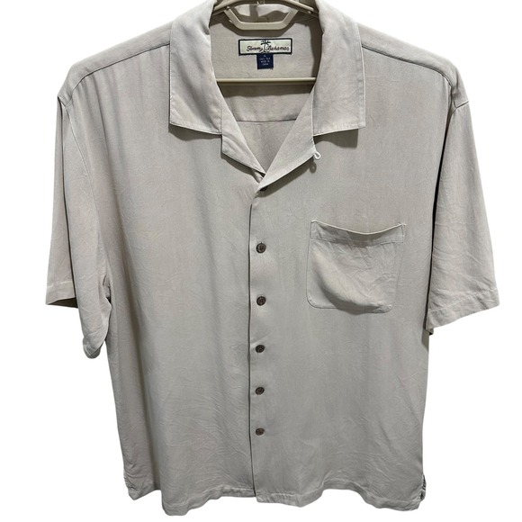 Tommy Bahama Silk Button Down Shirt Mens XL Tan Camp Collar Short Sleeve - Picture 3 of 7
